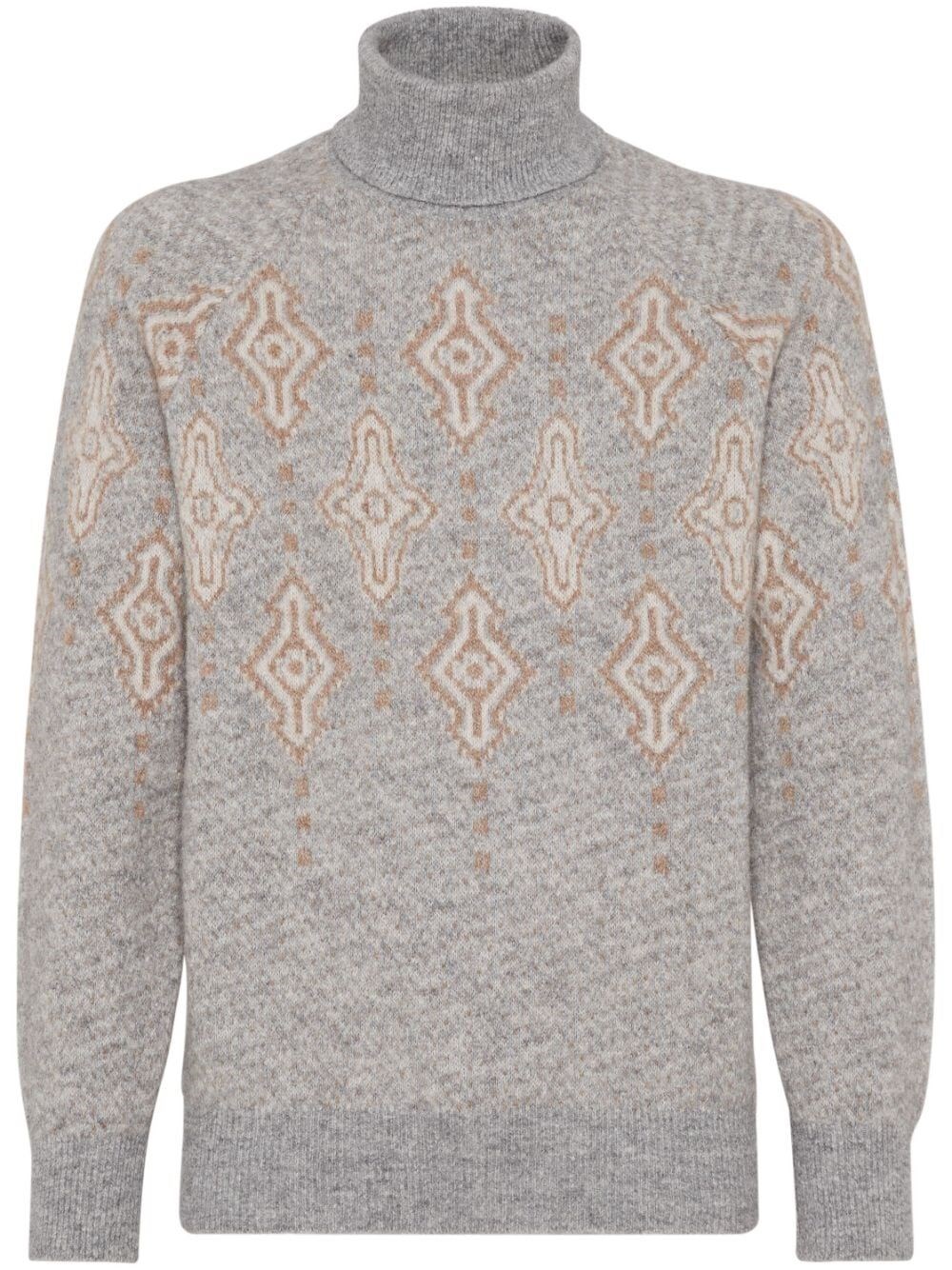 Brunello Cucinelli Geometric Jacquard Turtleneck Sweater In Gray