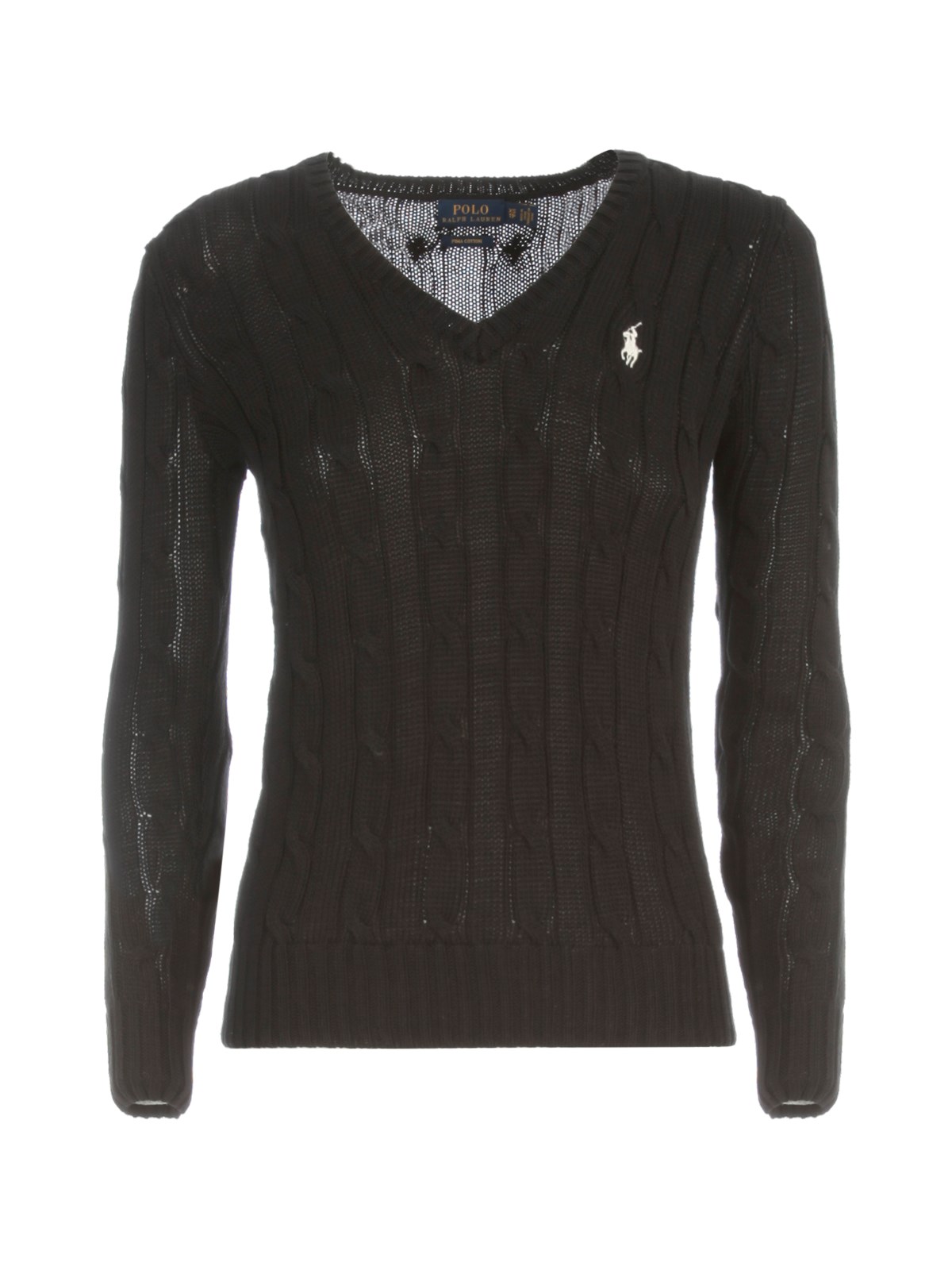Polo Ralph Lauren V Neck L/s Sweater W/braids In Black