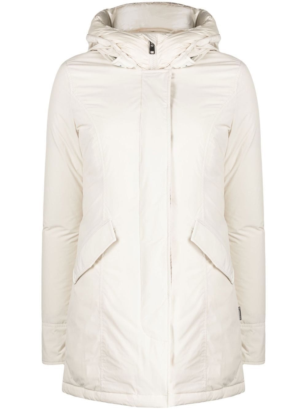 Woolrich Hooded Duck Feather Coat In Brown