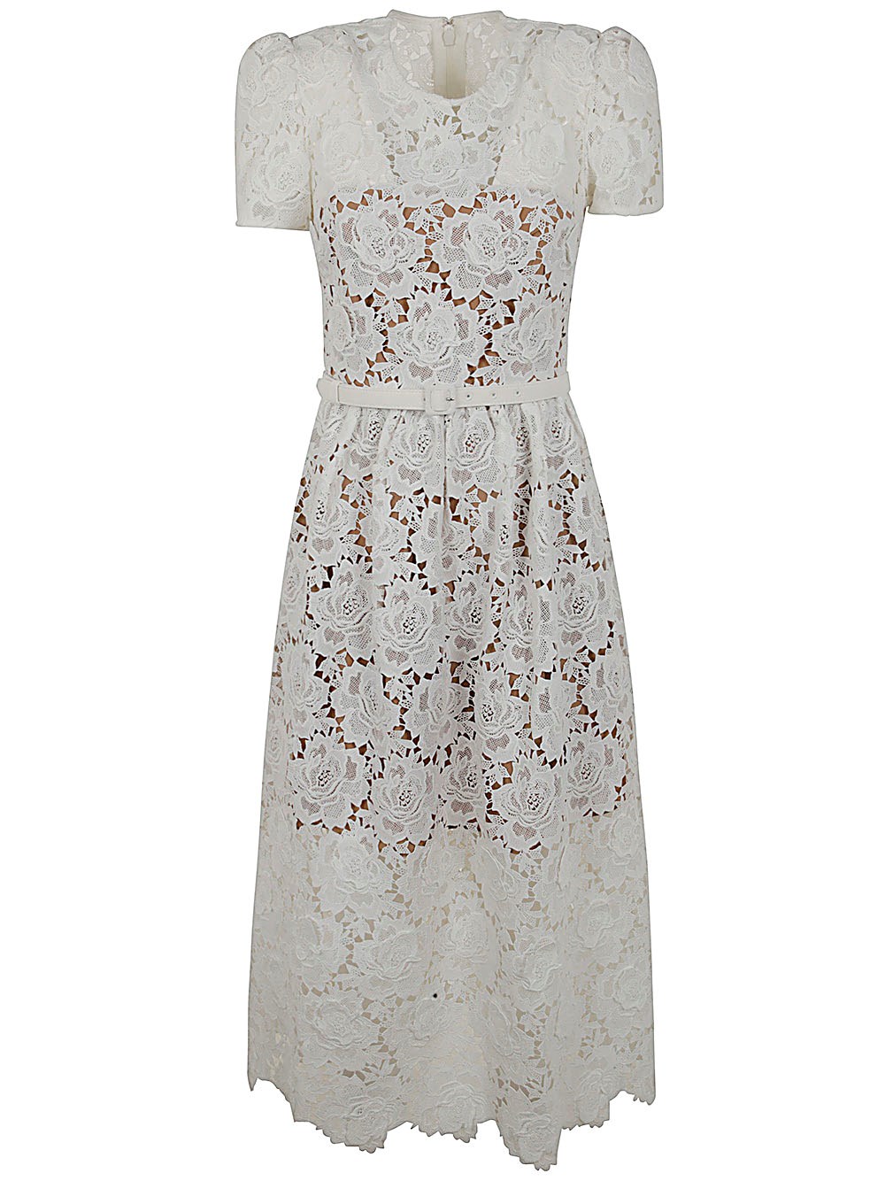 Self-portrait Ivory Organic Cotton Lace Diamante Trim Midi Dress In Brown