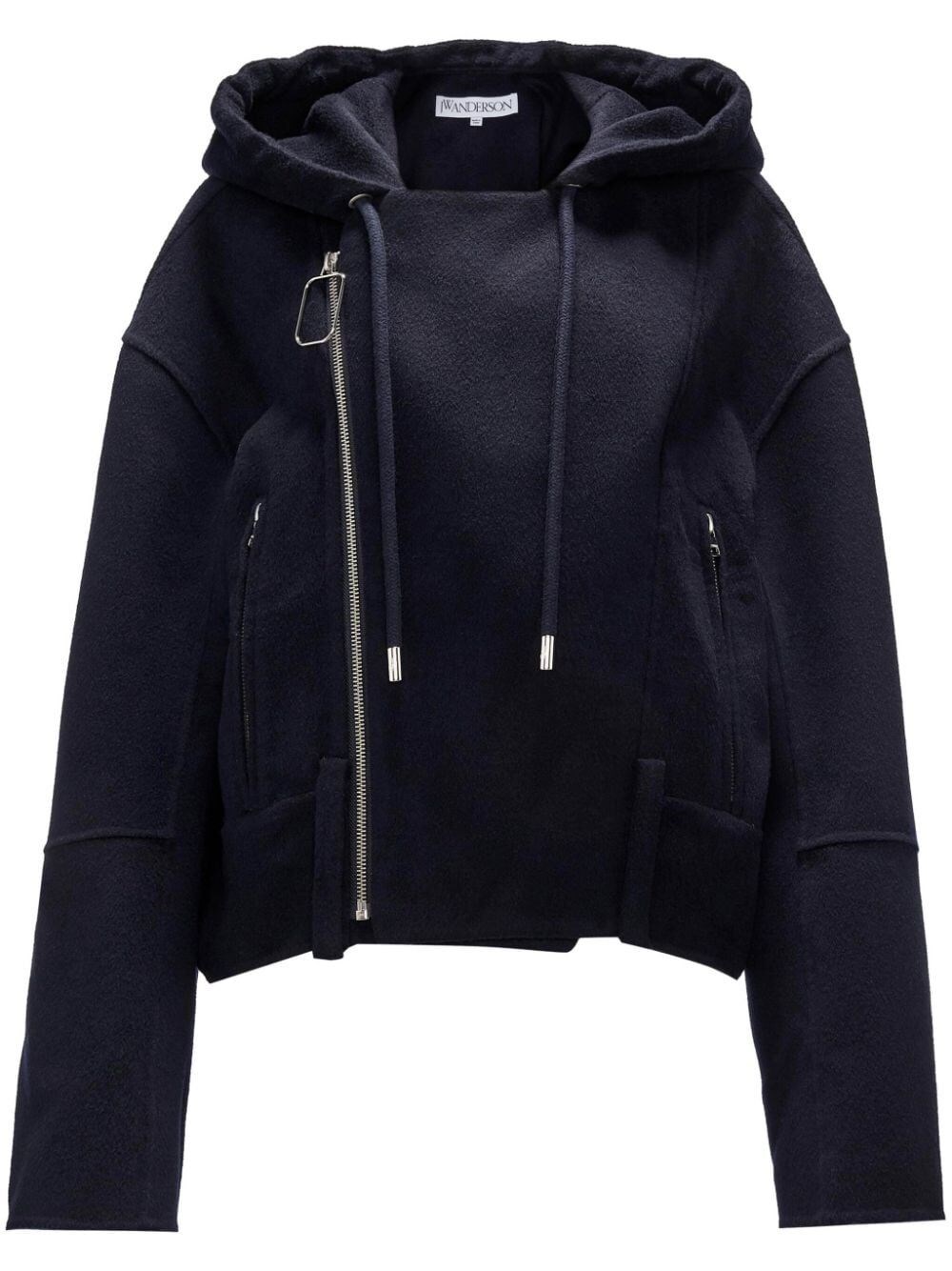 Jw Anderson Hooded Biker Wool Jacket In Blue