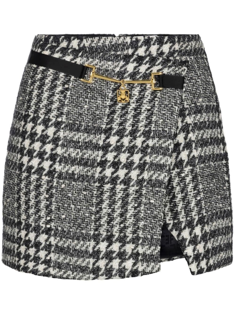 Elisabetta Franchi Asymmetric Houndstooth Skirts Gold Hardware In White