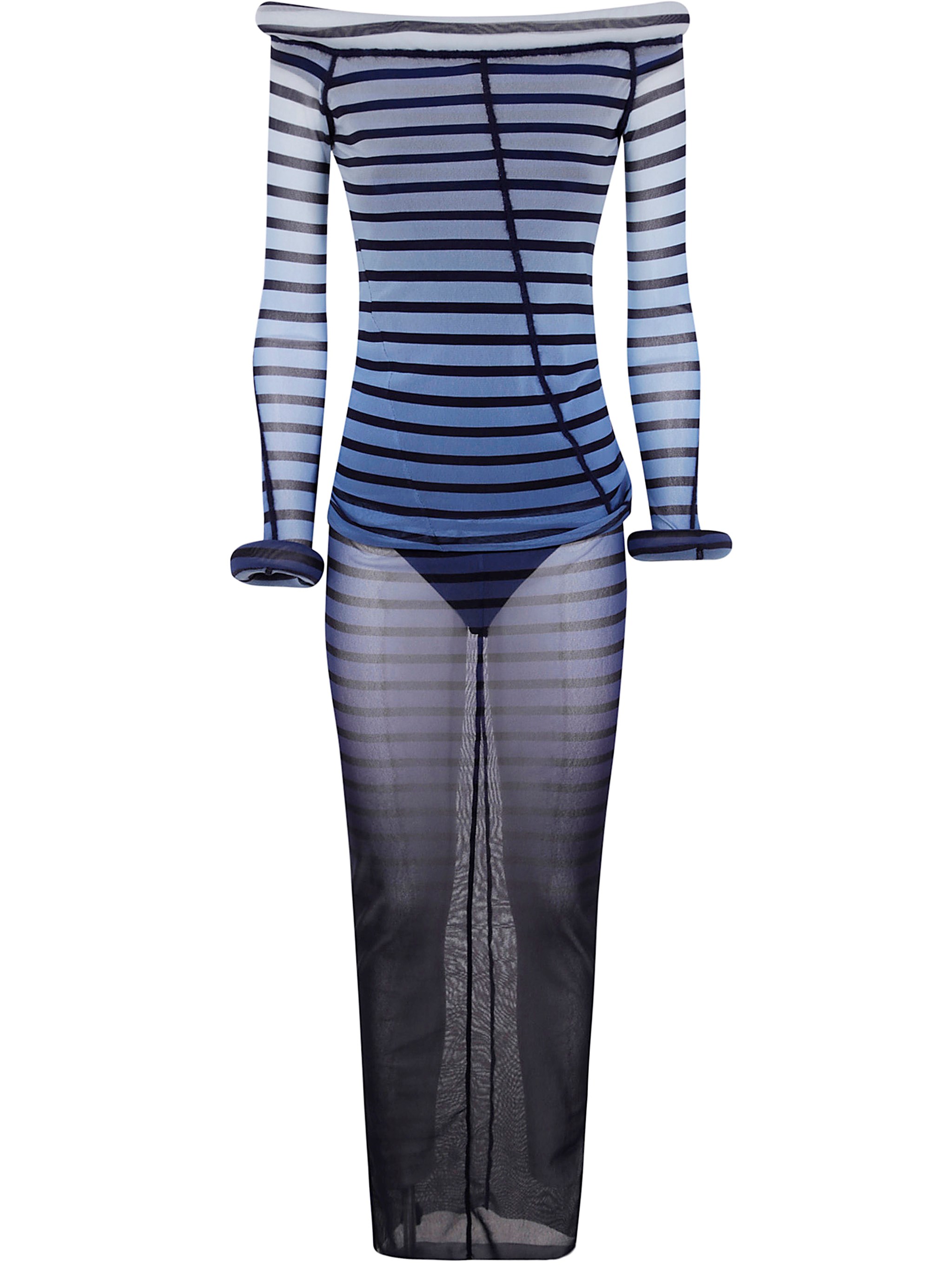 Jean Paul Gaultier Mesh Boat Neck Long Dress With 3d Collar And Cuff In Black