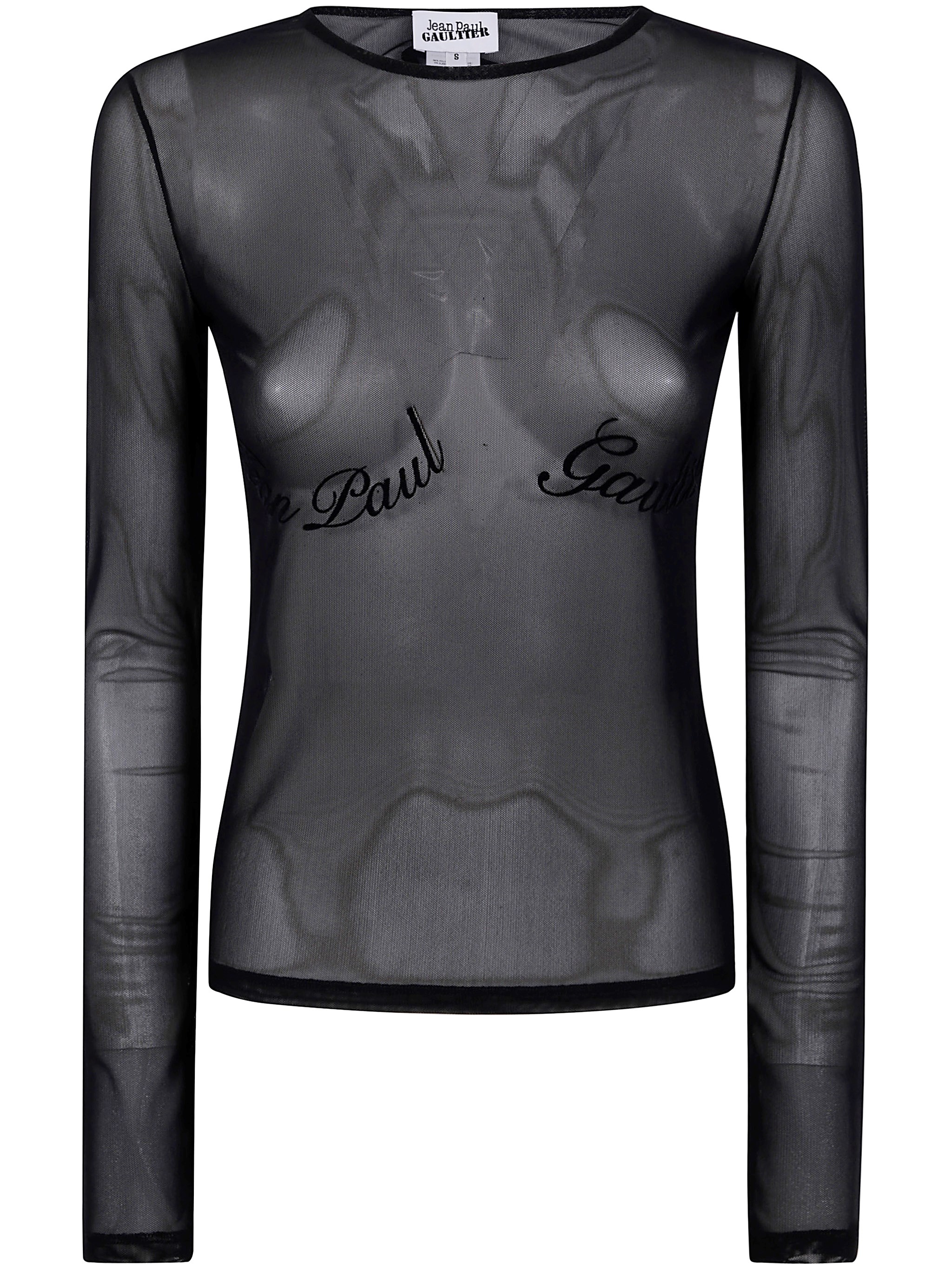 Jean Paul Gaultier Mesh Long Sleeves Top With Velvet Flock 'jean Paul In Black