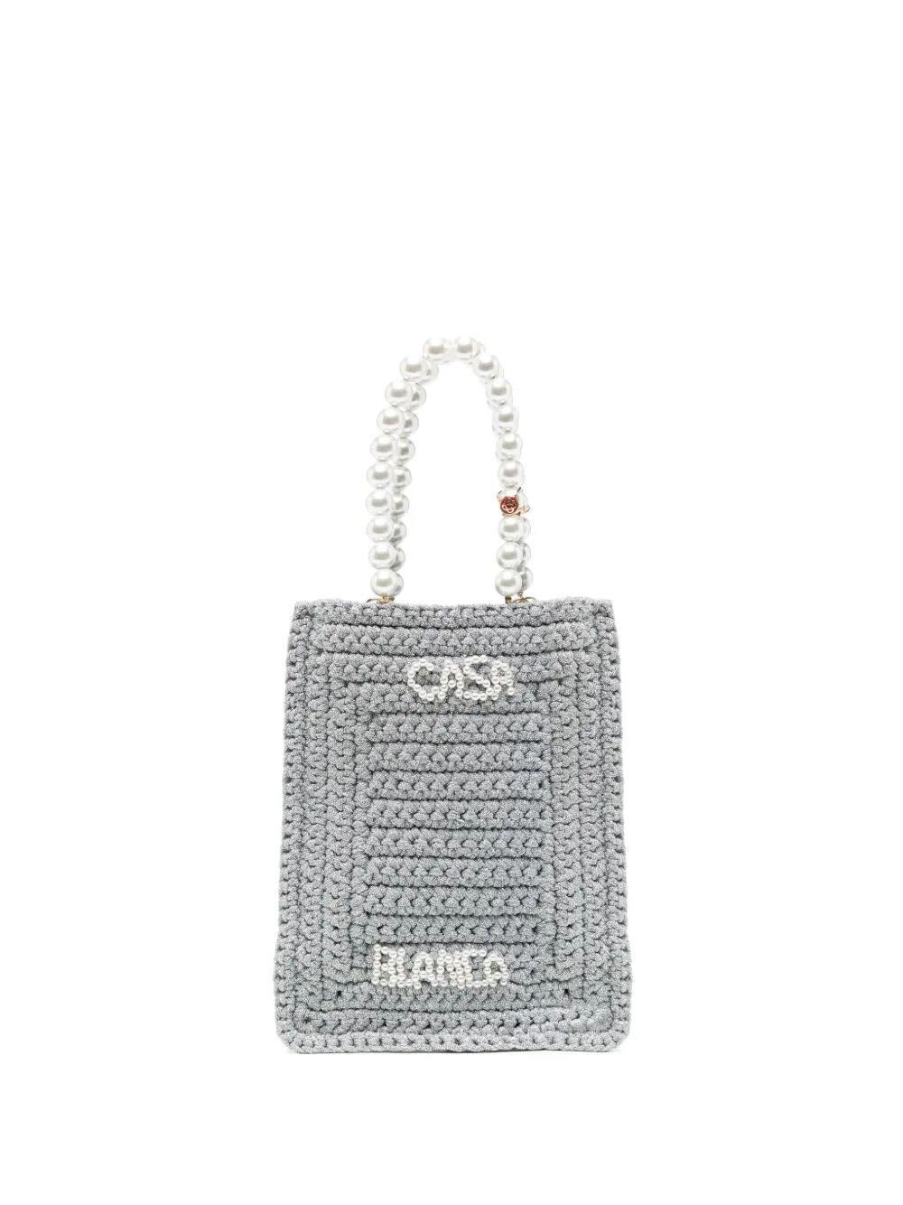 Casablanca Crochet Chain Shoulder Bag With Pearl Handle In Grey