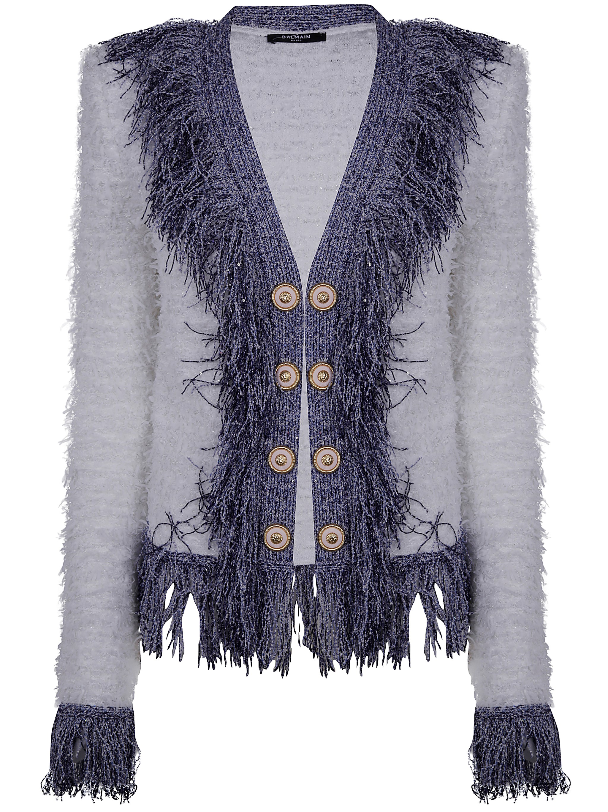 Balmain Collarless Glittered Fringed Tweed Jkt