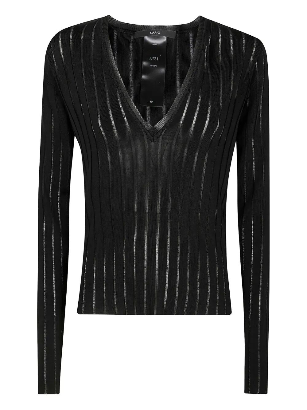 Sapio Sheer Striped V-neck Knit Sweater In Black