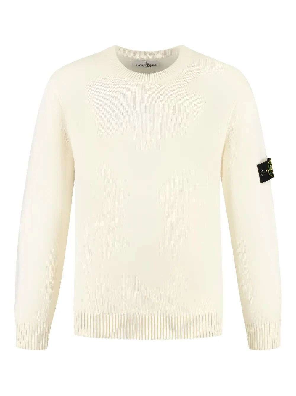 Stone Island High Neck White Sweater With Ribbed Texture And Unique Patch