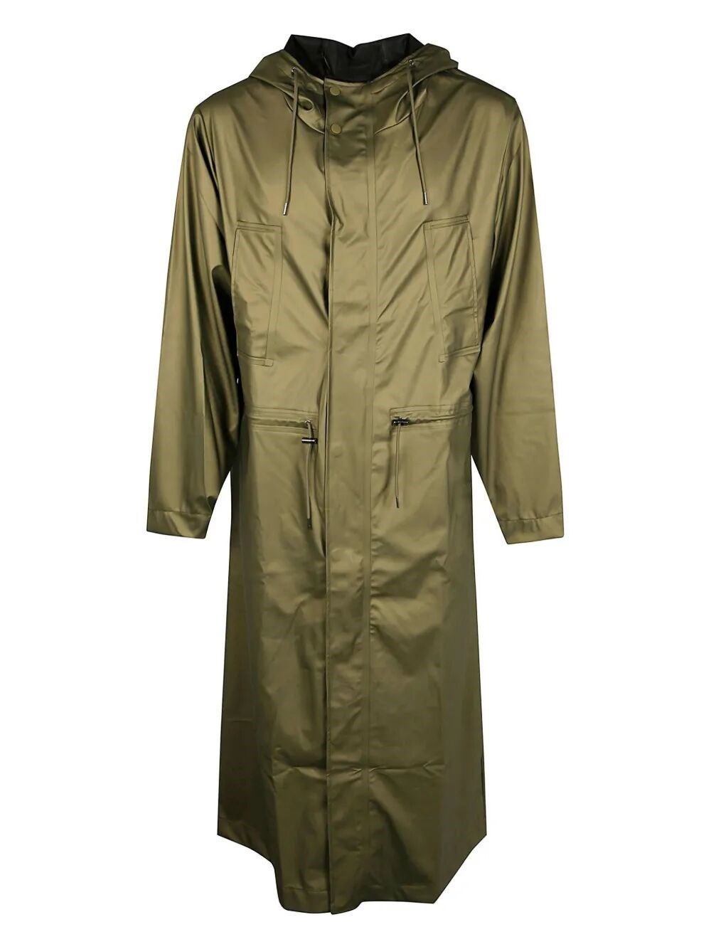 Rains Long Jacket Hood Drawstring Waist In Green
