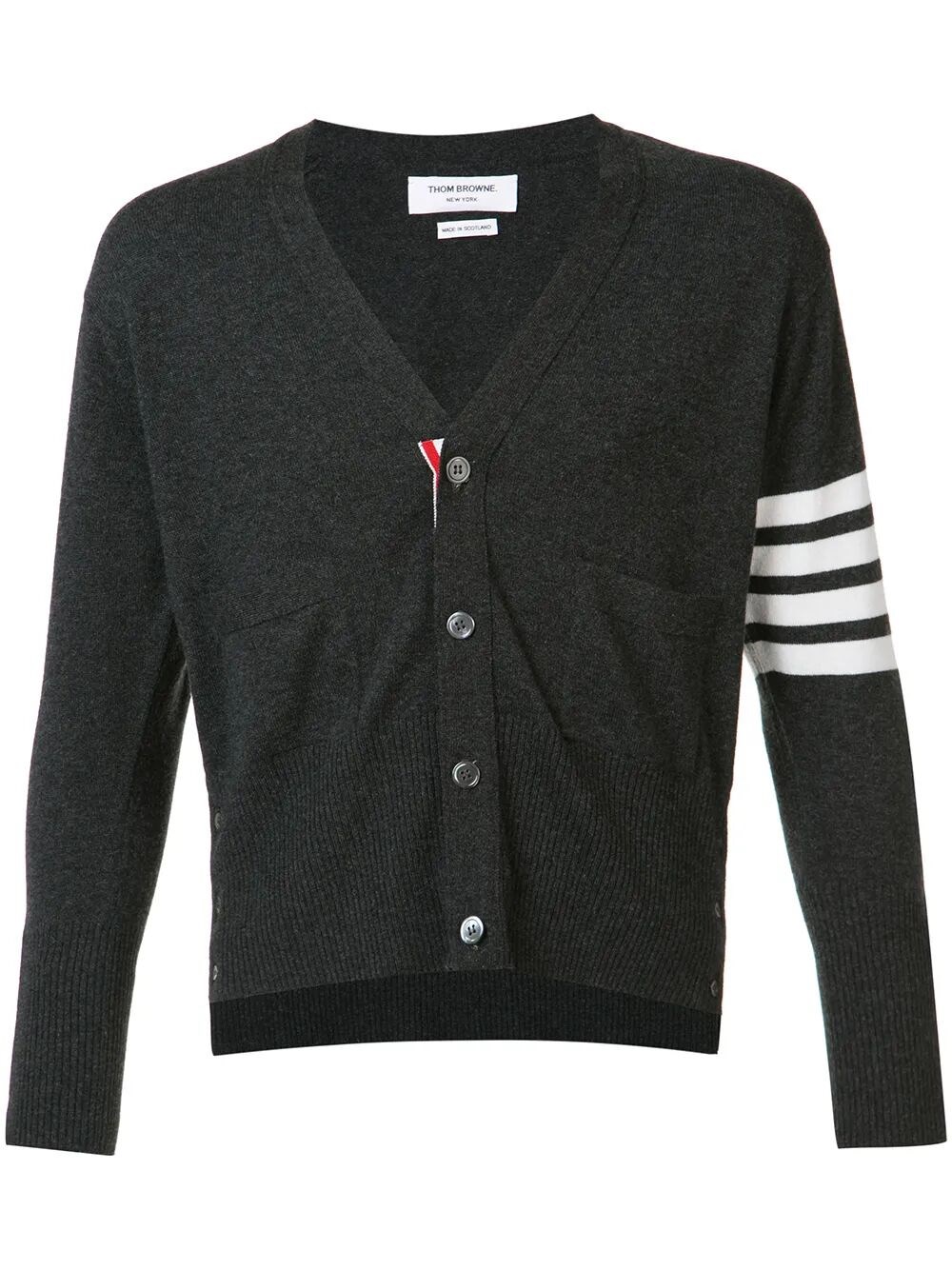 Thom Browne Classic Short V Neck Cardigan With White 4 Bar Stripe In C
