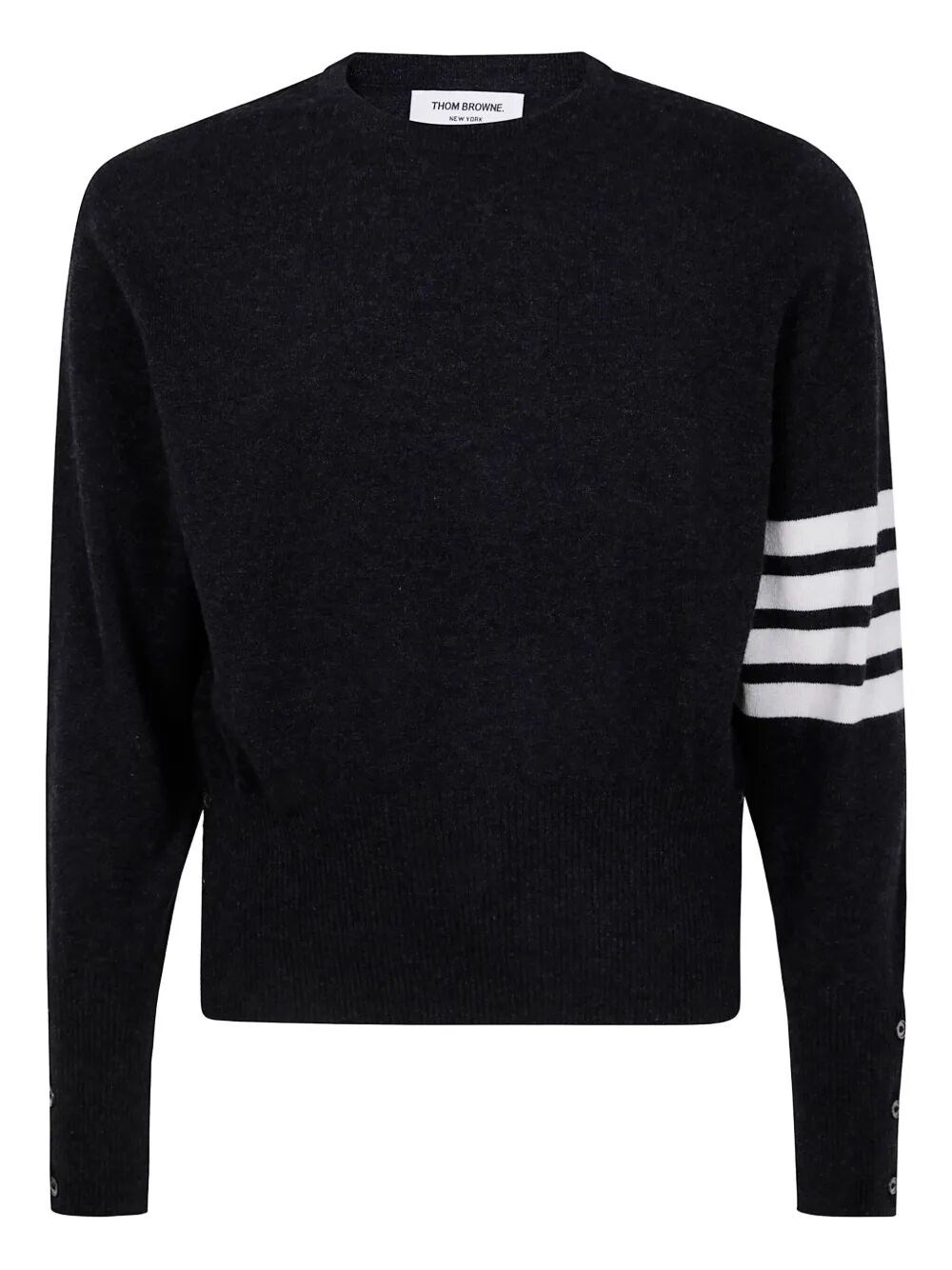 THOM BROWNE Classic Crewneck Short Pullover With White 4 Bar Stripe In