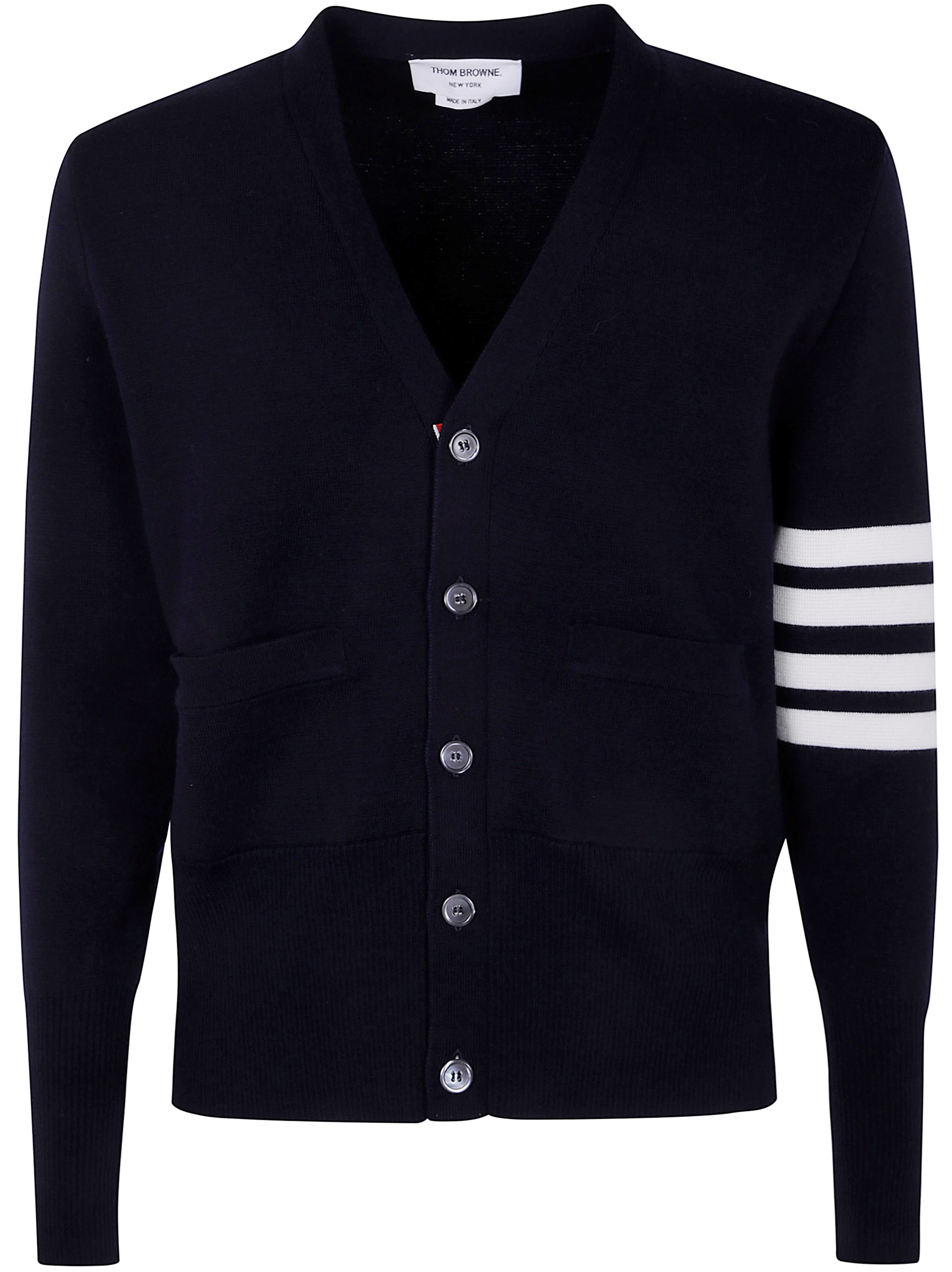 THOM BROWNE Milano Stitch V Neck Cardigan With 4 Bar In Fine Merino Wo