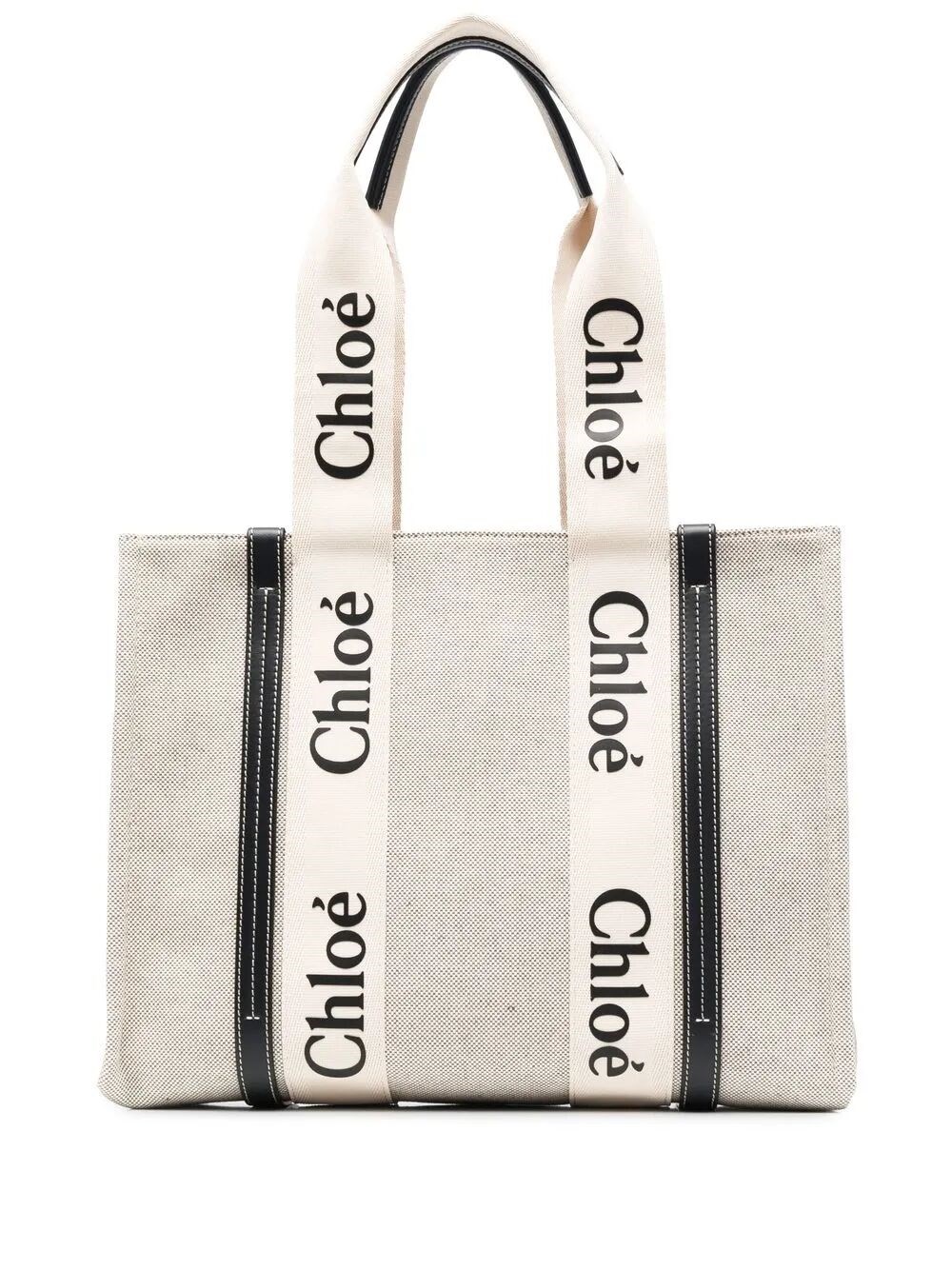 Chloé Woody Medium Canvas And Leather Tote Bag In White