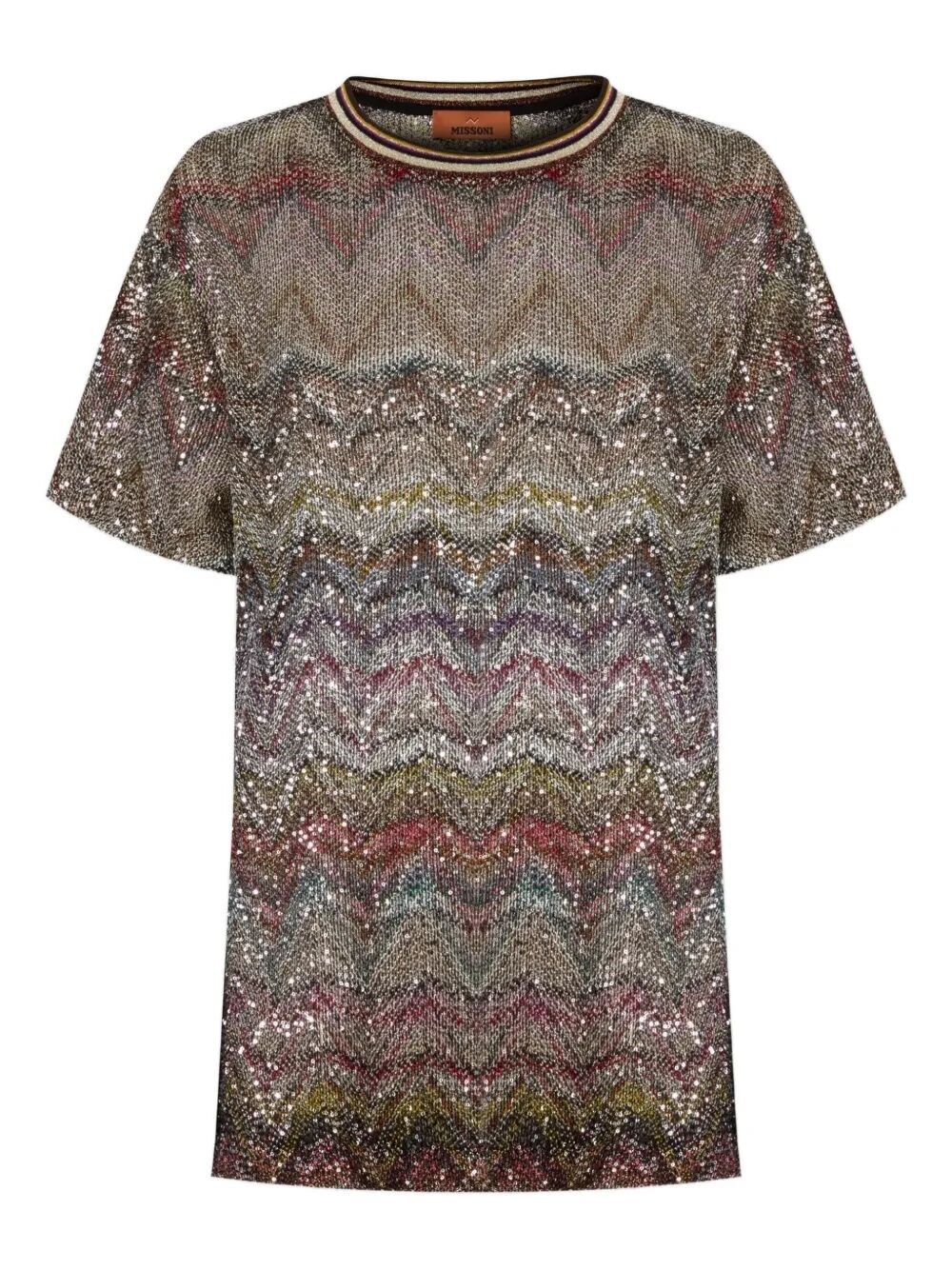 Missoni Short Sleeve T-shirt With Zigzag And Sequins In Brown
