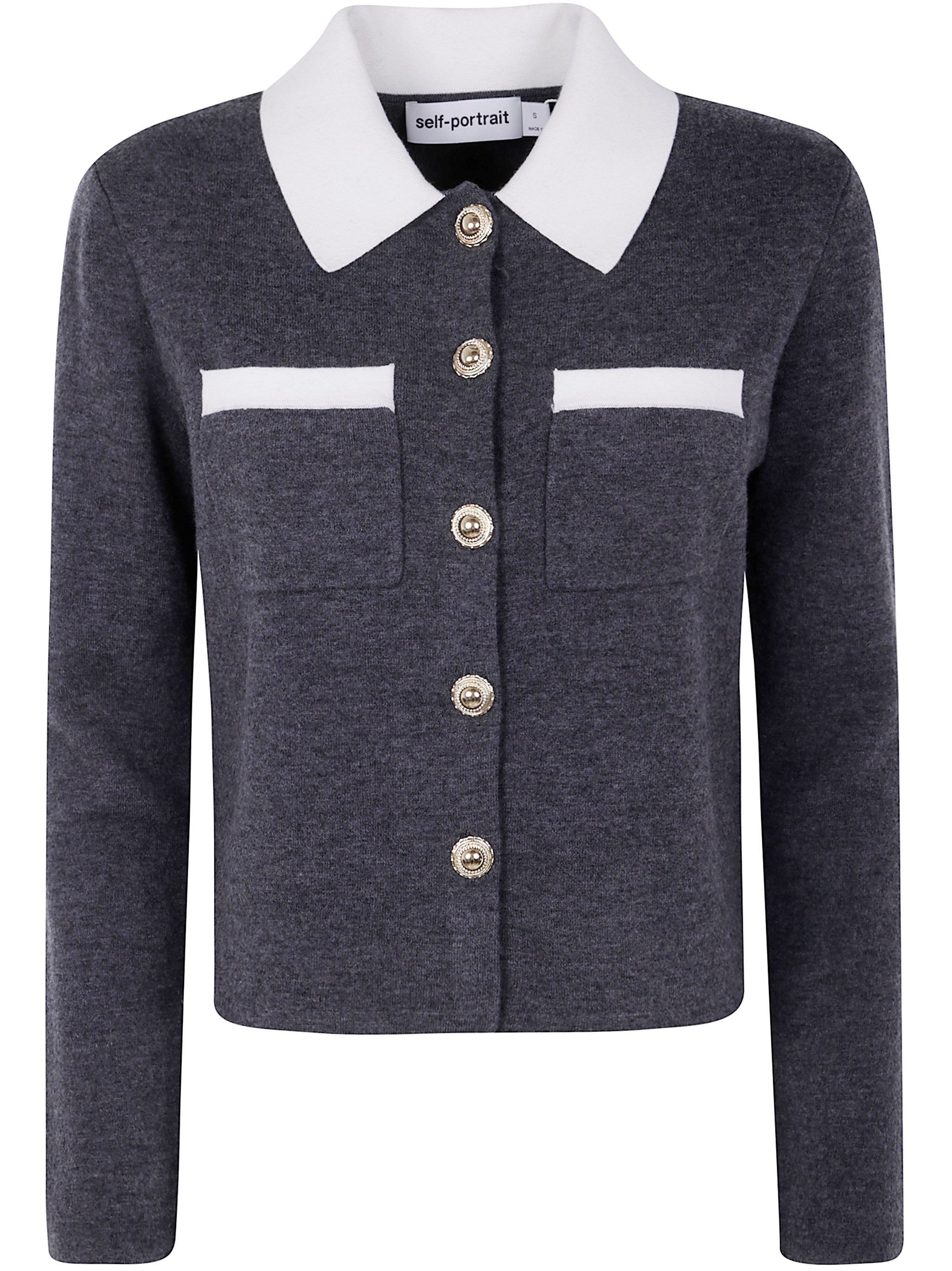 SELF-PORTRAIT Grey Contrast Collar Cardigan