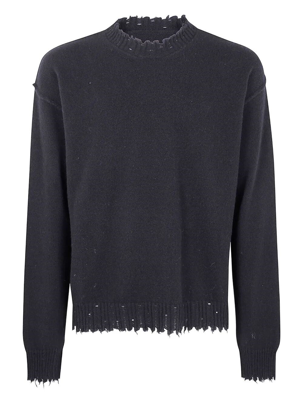 Uma Wang Basic Crew Neck Sweater With Distressed Hem In Black