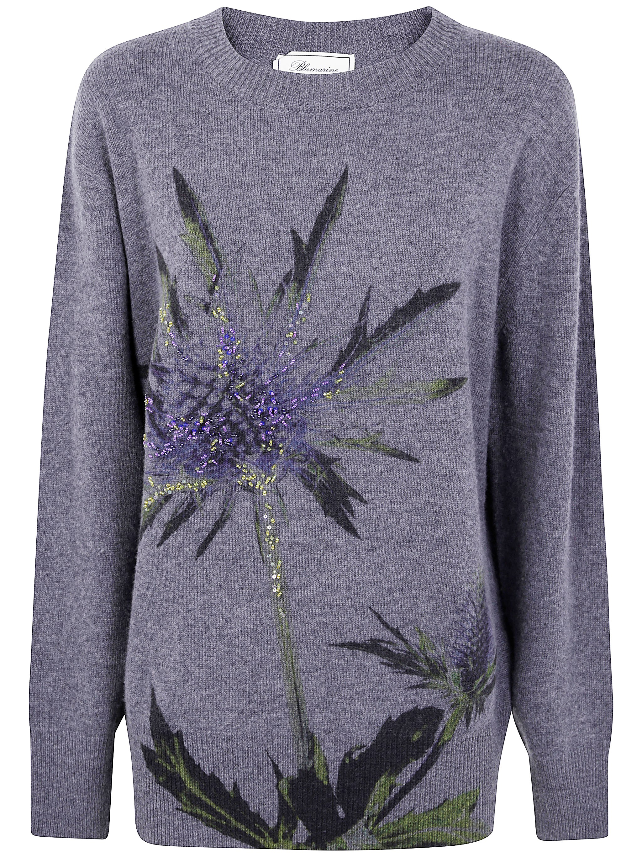 Blumarine "thistle" Print Knit Round Neck Sweater In Gray