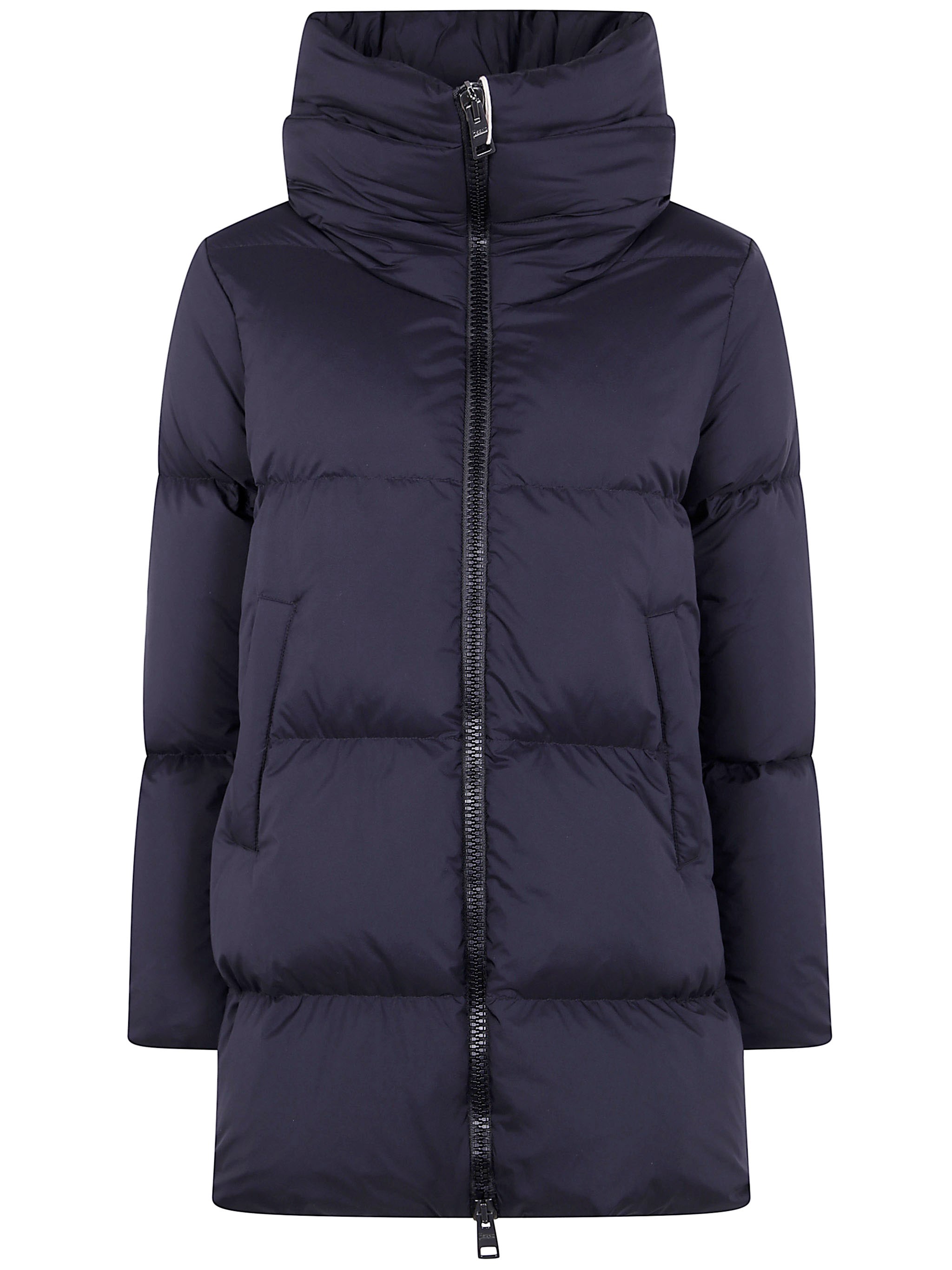 Herno Long Quilted Jacket High Collar In Blue