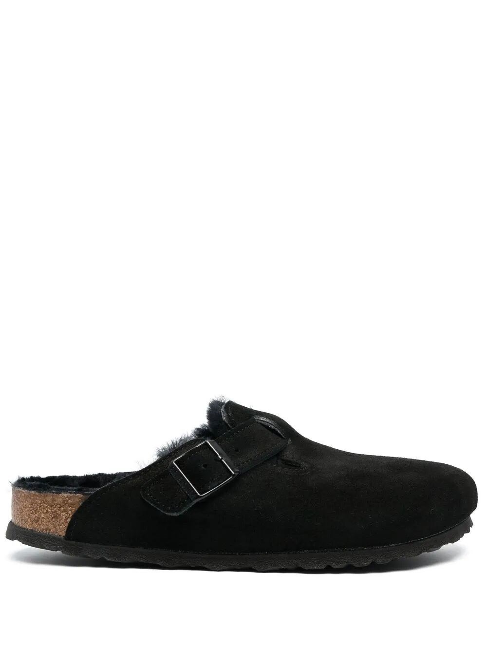 Birkenstock 'boston' Shearling Suede Leather Slippers In Black