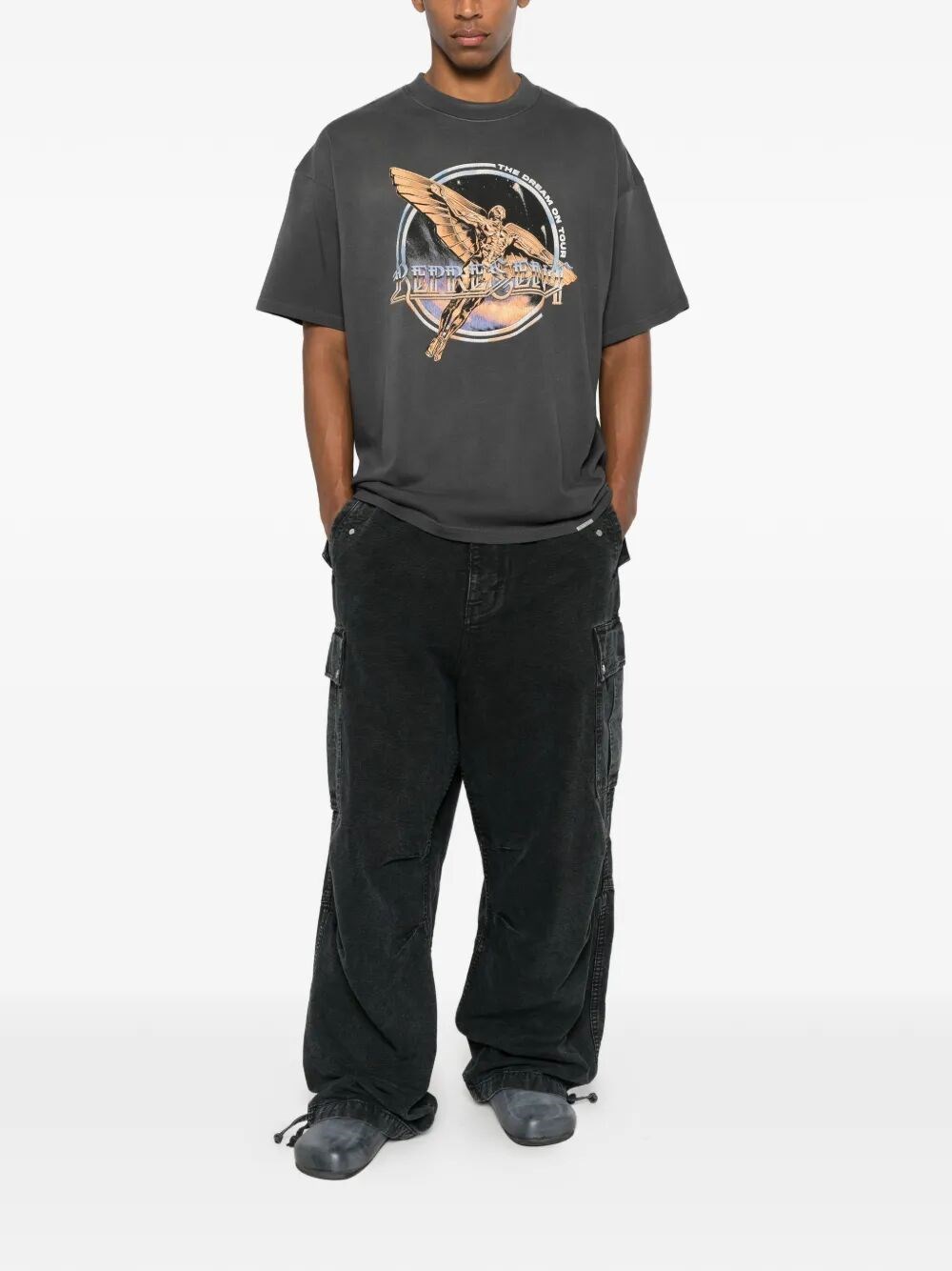 Represent Black Crew Neck T-shirt With Graphic Print On Front And Back And Faded Effect In Cotton Man In Gray