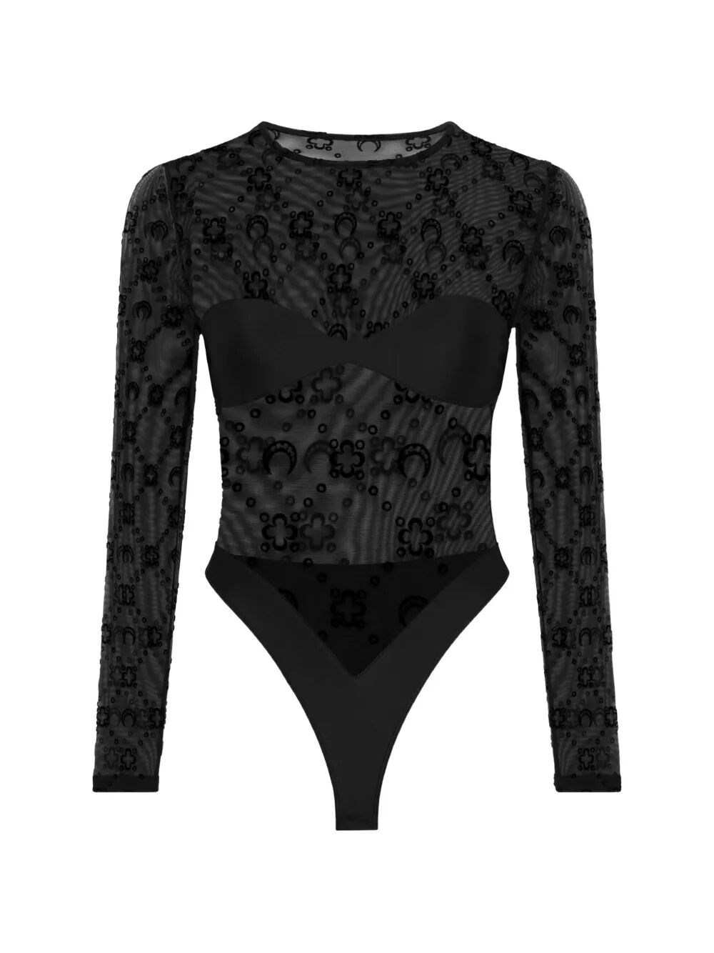 Marine Serre Moonogram Mesh Flock Long Sleeves Bodysuit Top In Black