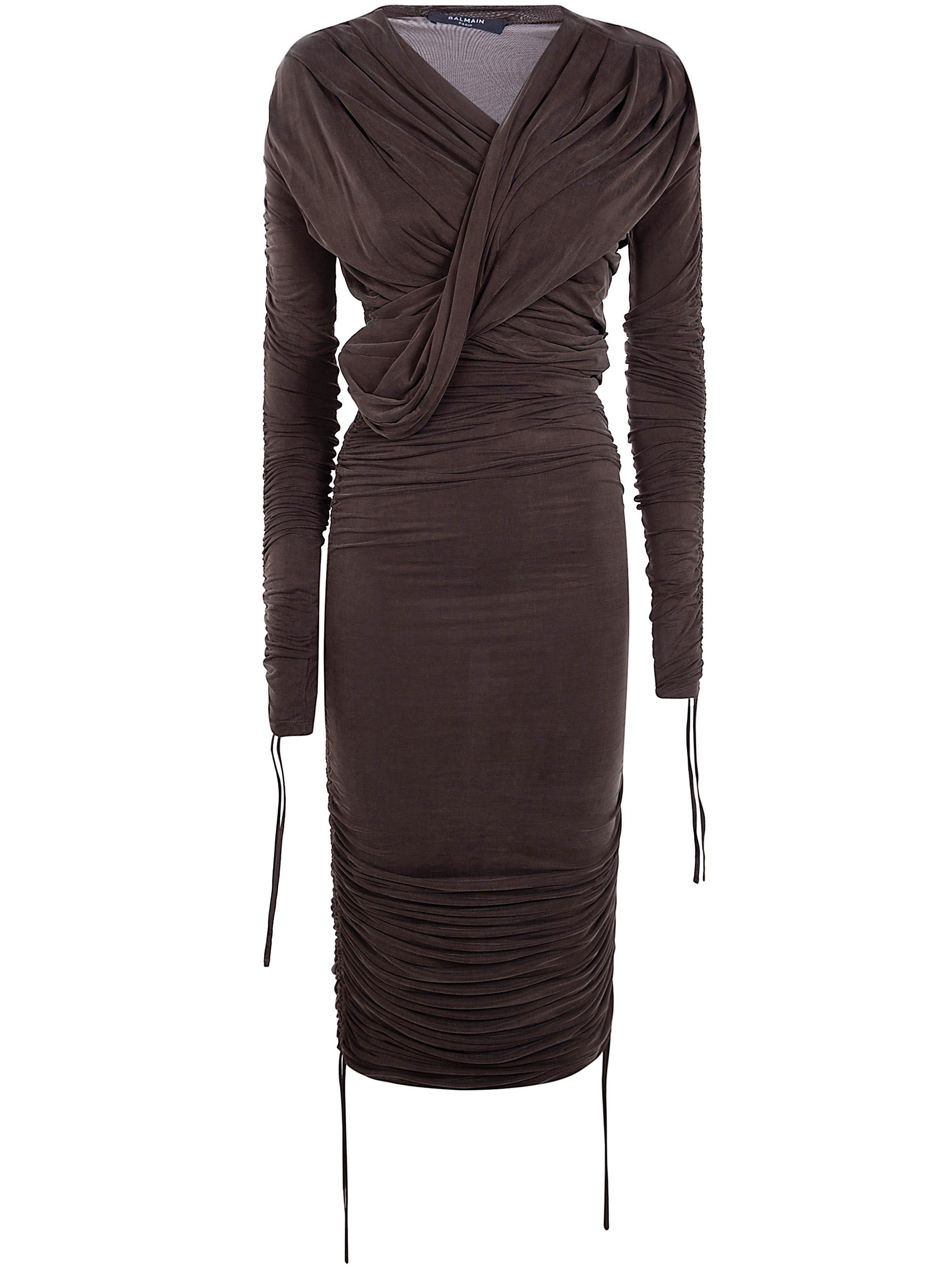 BALMAIN Long Sleeves Draped Jersey Cupro Mid Dress