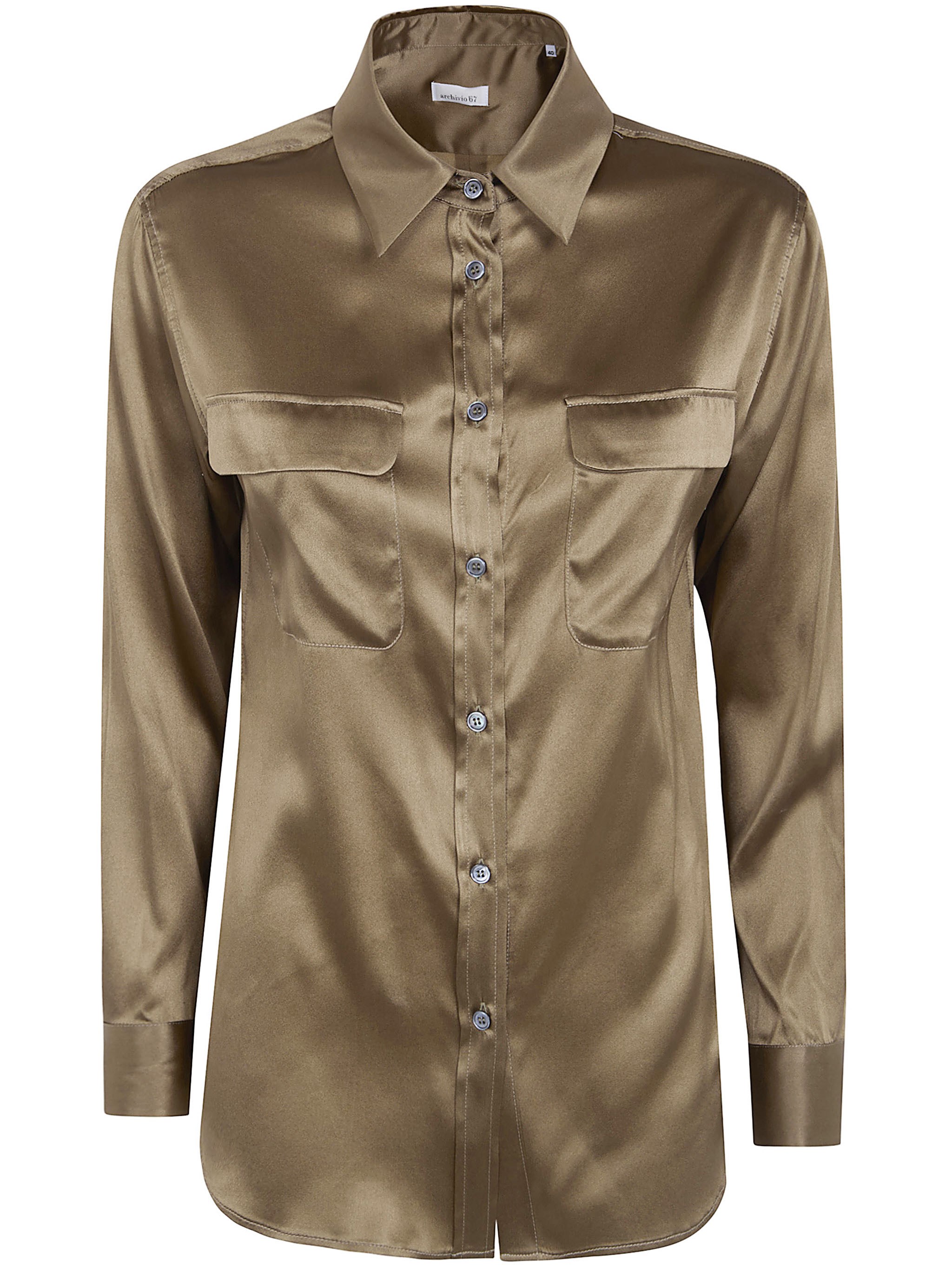 Archivio67 Long Sleeves Pockets Satin Stretch Shirt In Green