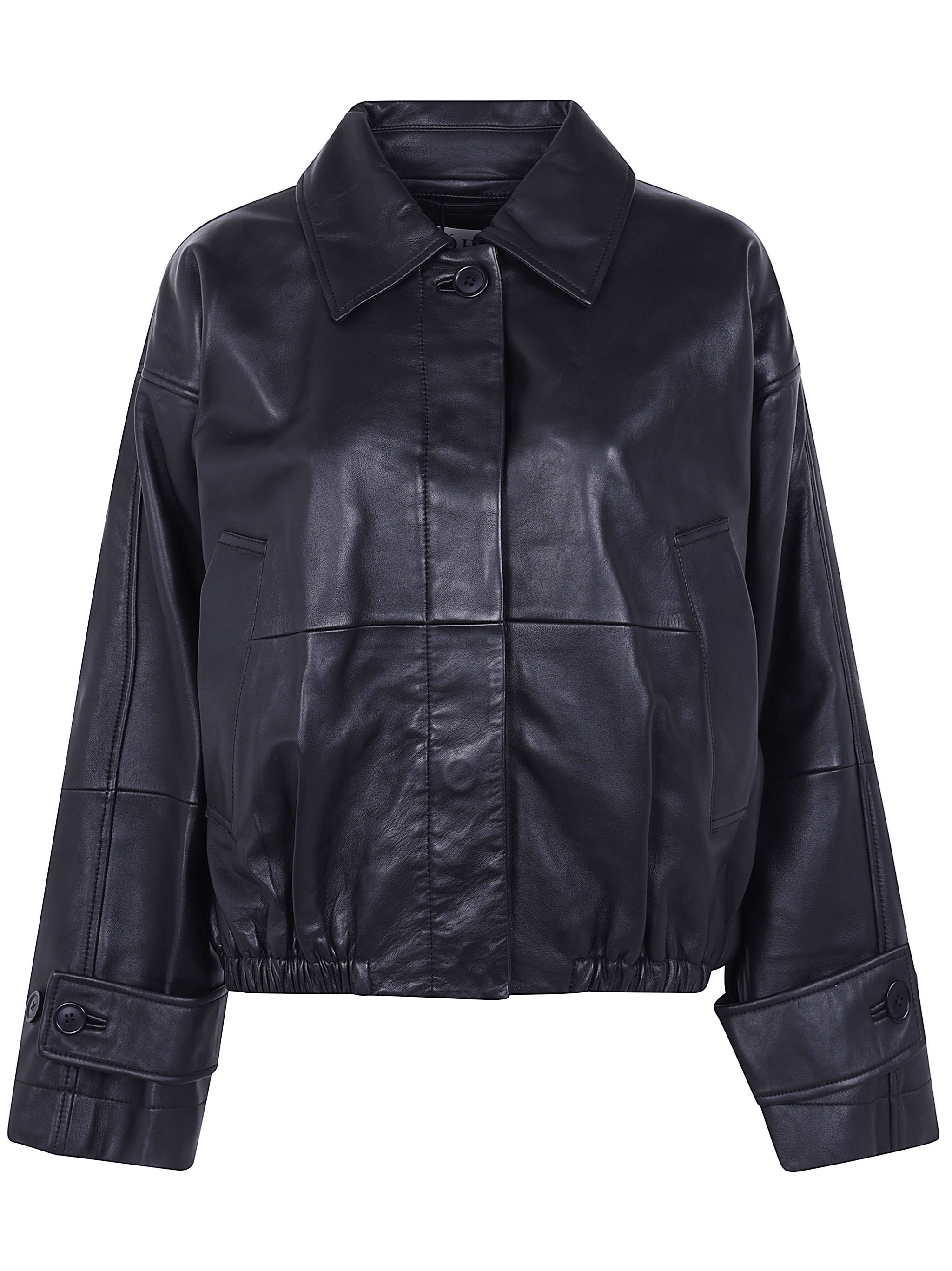 Rohe Leather Jacket Collared Neck Elasticated Hem In Black