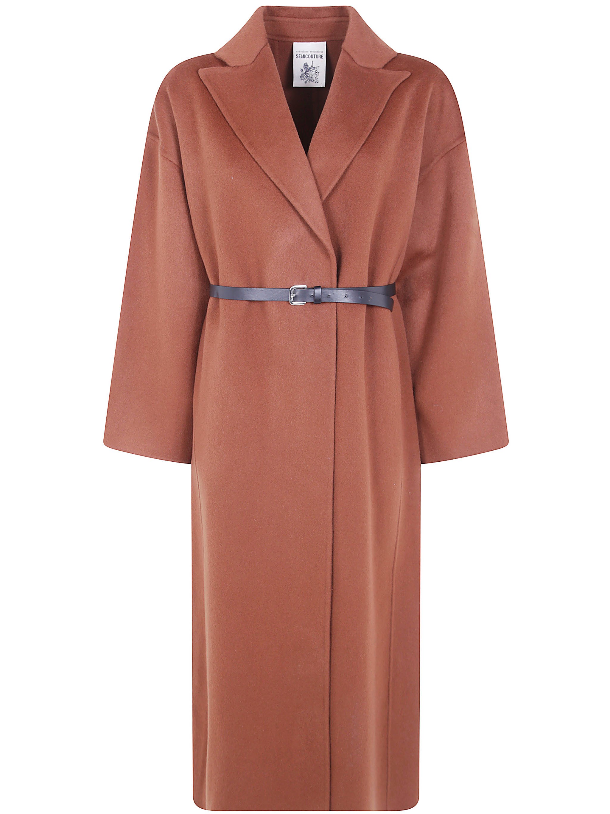 Semicouture Coat Long Wool "y6wv08 V13 Dark Leather" In Brown