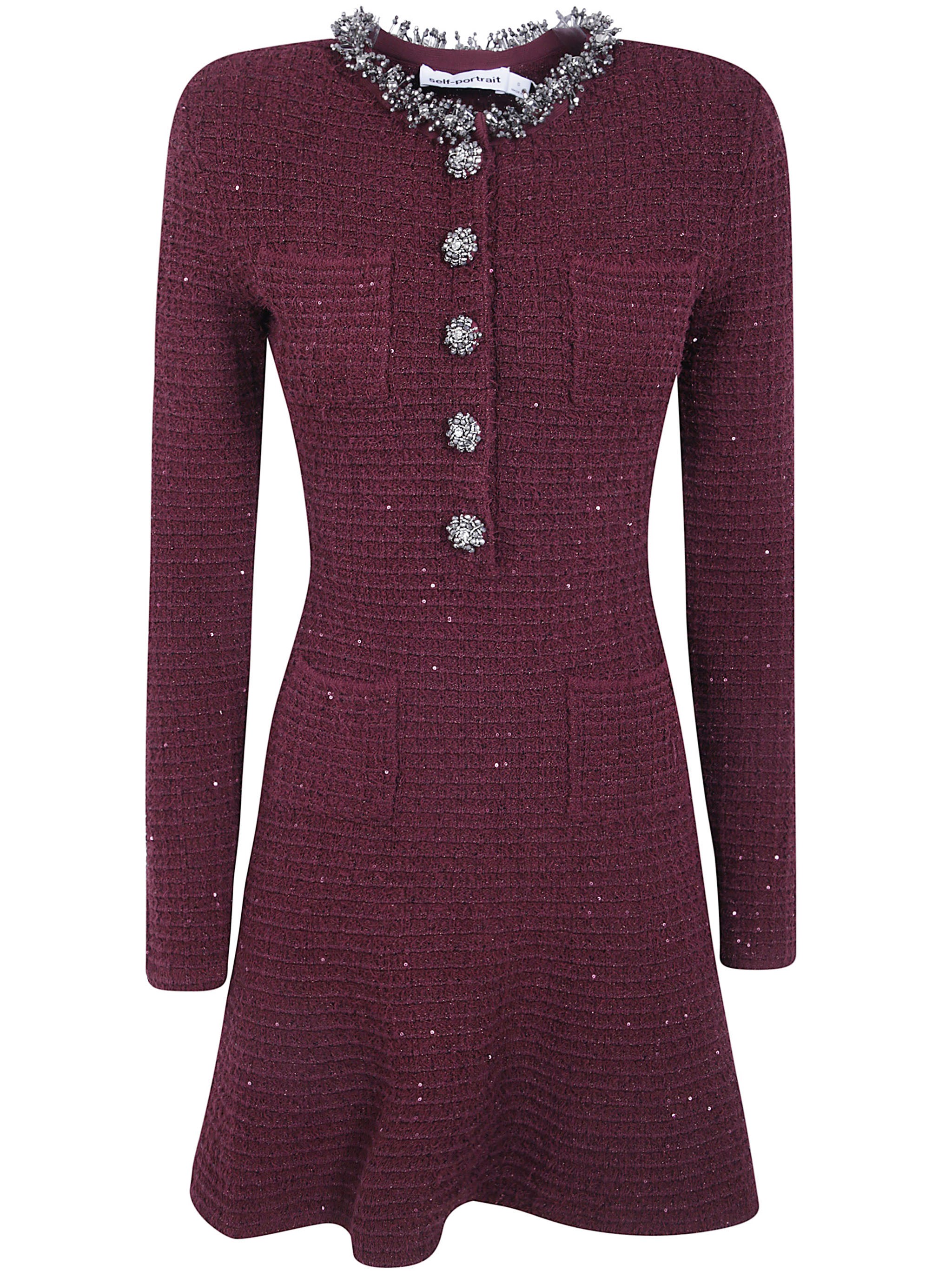 SELF-PORTRAIT Mini Dress Textured Knit "Burgundy Textured Knit Embelli
