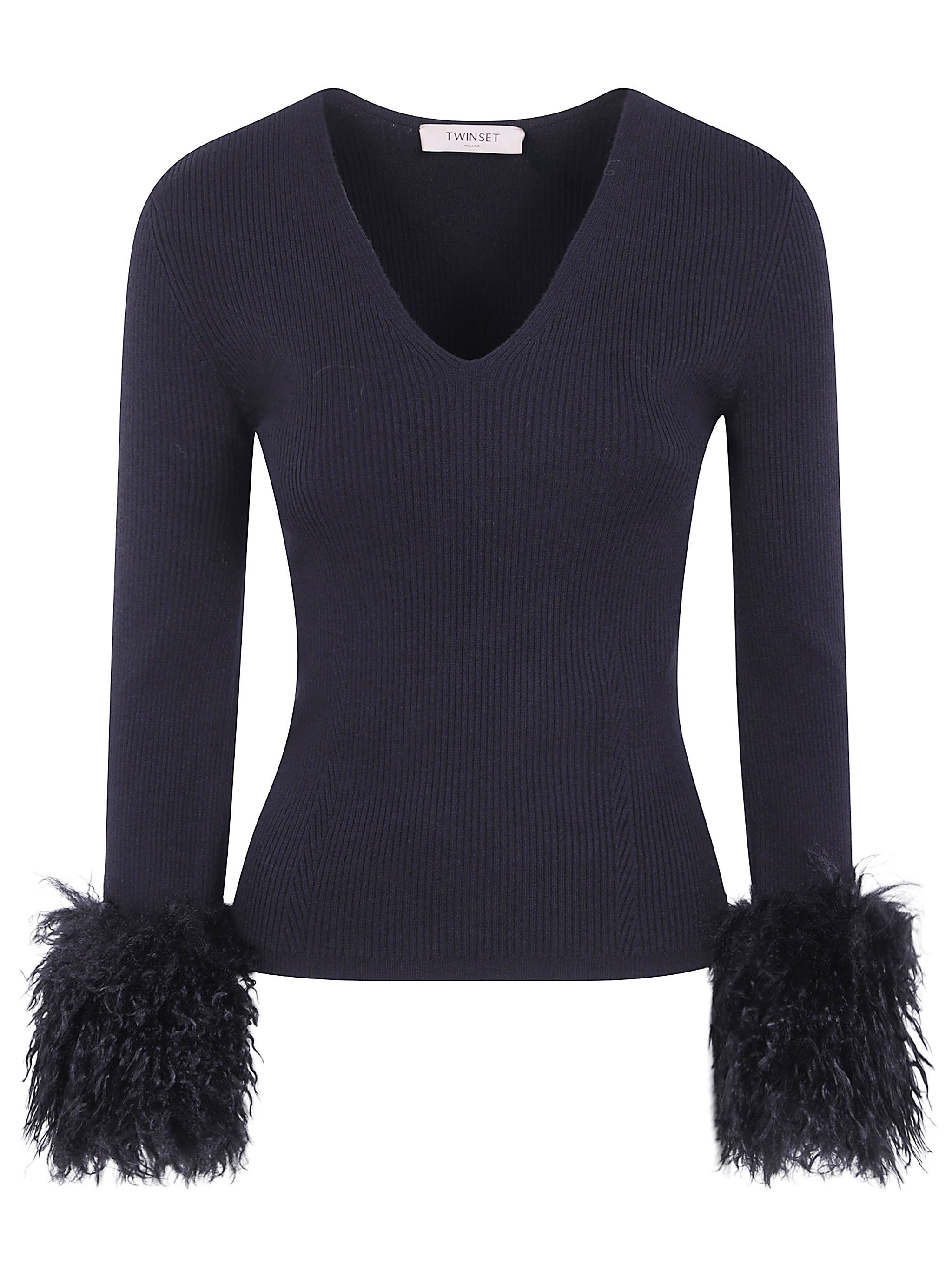V-Neck Fur Cuffs Sweater